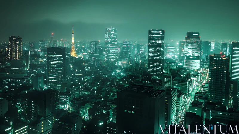 Neon-lit high-rise metropolis skyline rendered in teal haze