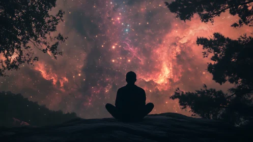 Silhouette of seated figure observing vivid cosmic nebula sky