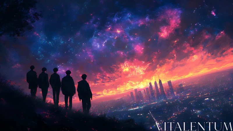 Friends watch a glowing city skyline under a cosmic sunset sky