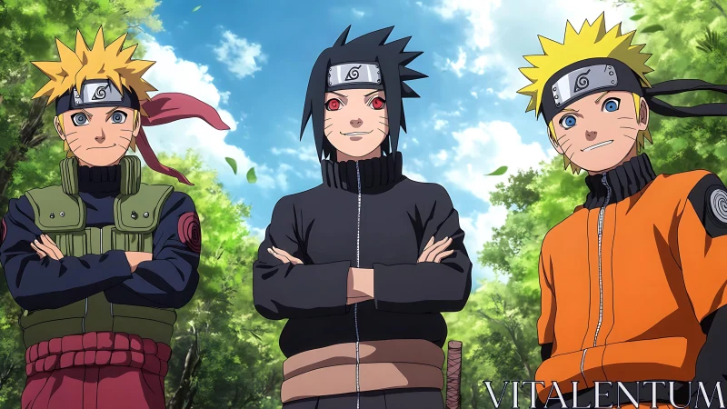 Three anime ninja characters standing in forest setting.