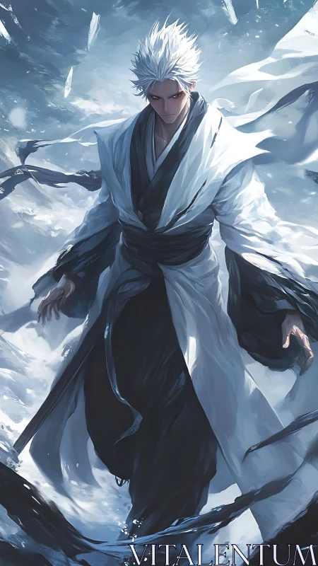 White-haired warrior in flowing robes amid icy spectral storm.