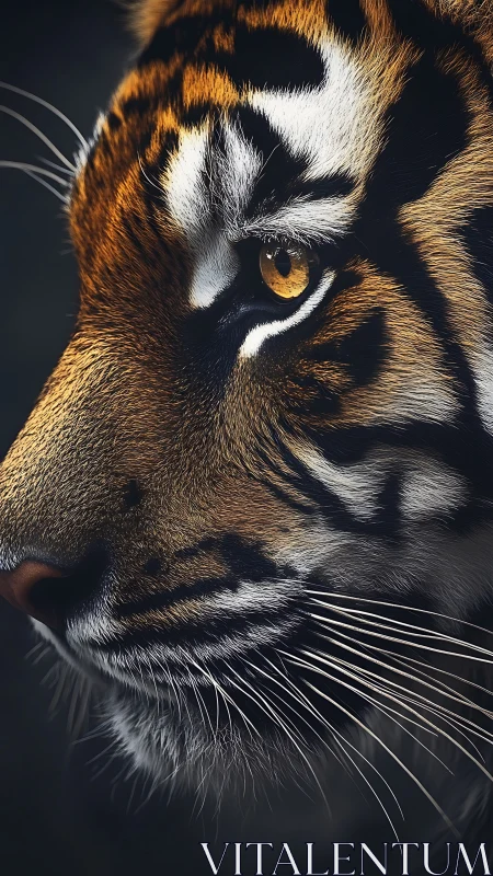 Tiger profile close-up with sharp whiskers and striped fur.