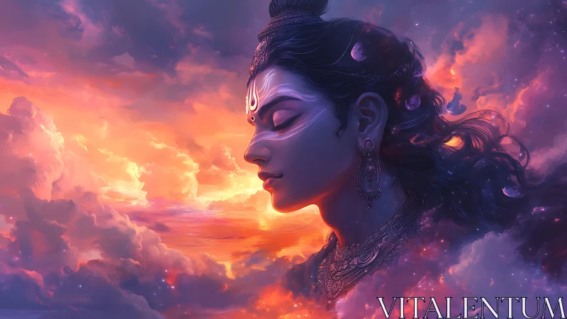 Divine profile portrait in glowing cosmic sunset clouds.