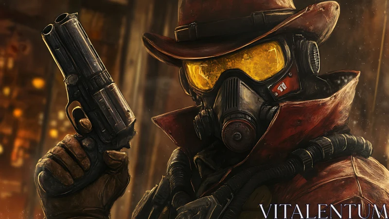 Post-apocalyptic gunslinger in rust-red armor and visor.