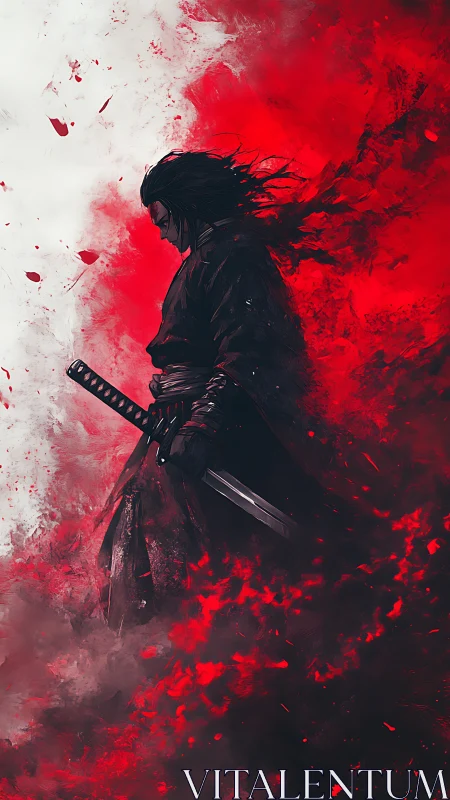 Silent ronin walks through a storm of red and memory
