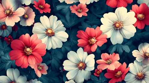 Vibrant Floral Garden Pattern with Red and White Cosmos Flowers