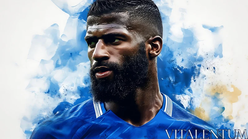 Blue-splashed football guardian in stormy watercolor roar.