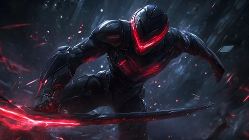 Cybernetic swordsman lunges forward amid neon red light trails