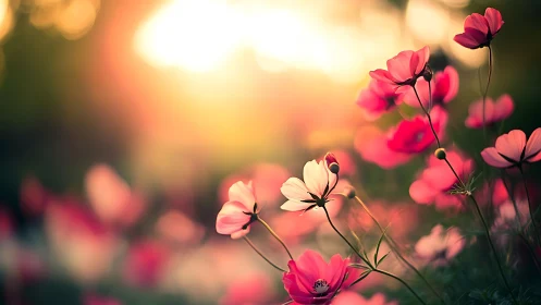 Soft cosmos flowers backlit by golden sunset glow.
