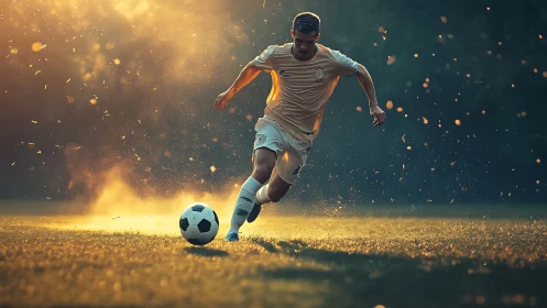 Soccer player sprinting at sunset in cinematic backlit haze