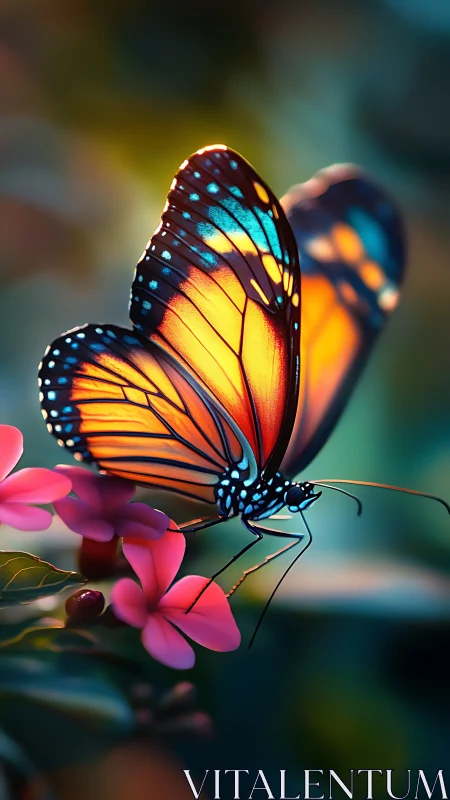 Vibrant monarch butterfly rests on glowing pink blossoms