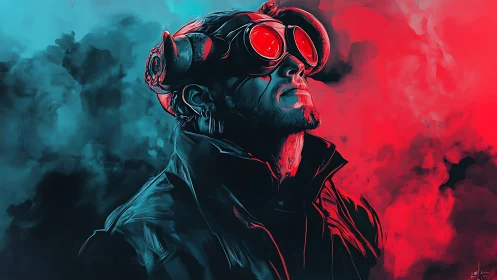 Man in goggles amid red and cyan digital smoke field.