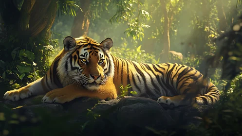 Photorealistic tiger resting on sunlit jungle forest floor.