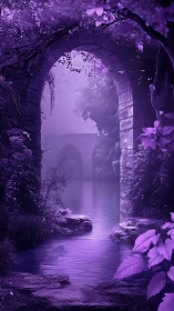Violet stone archway opening onto misty enchanted river.