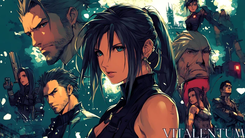 Layered cyberpunk anime ensemble in teal-orange cinematic frame.