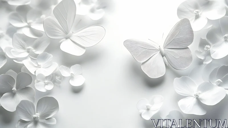 Paper butterflies drifting through whisper-soft white blossoms.