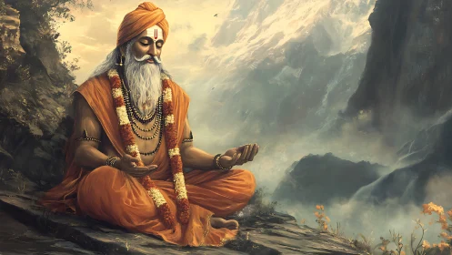 Mountain-top sage in ember robes, weaving silence into sky.