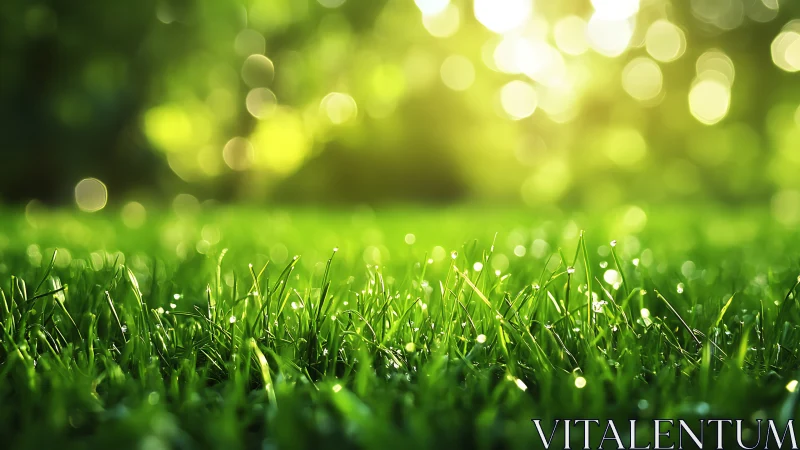 Morning dew on sunlit grass in glowing green bokeh field.