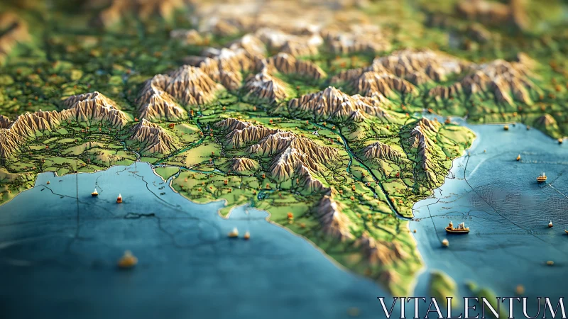 Stylized 3D topographic coastal map renders mountainous terrain