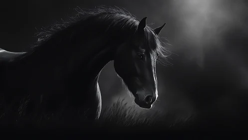 Side profile of dark horse in low key monochrome lighting.