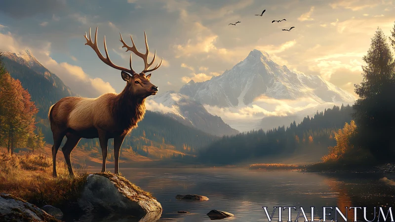 Cervid silhouette against glaciated alpine basin at dusk.