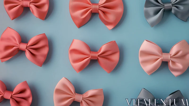 Symmetrical ribbon bows arranged in chromatic grid on blue field