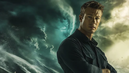 Photorealistic storm portrait with heroic central figure composition.