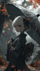 Autumn hush around a pale girl beneath a shadowed parasol.