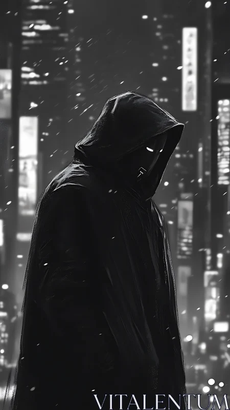 Hooded figure stands in snowy nocturnal city environment