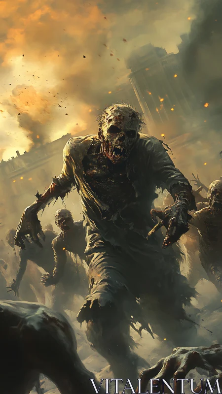 Towering central zombie advances through burning urban ruins