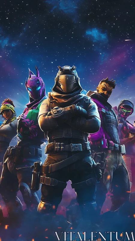 Fortnite squad stands united beneath glowing cosmic sky.