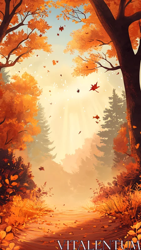 Autumn Forest Pathway: Golden Canopy and Falling Leaves