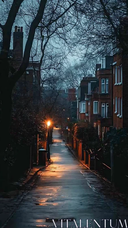 Rain-soaked residential alley under bare winter trees.