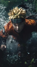 Dynamic low-angle render of spiky-haired ninja sprinting through water