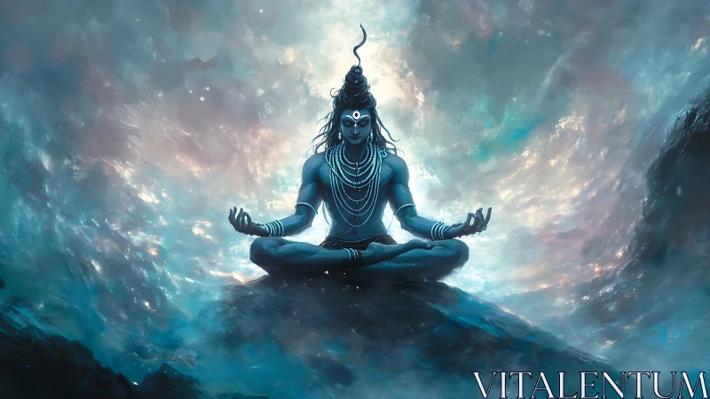 Cosmic blue deity meditating amid swirling celestial storm.