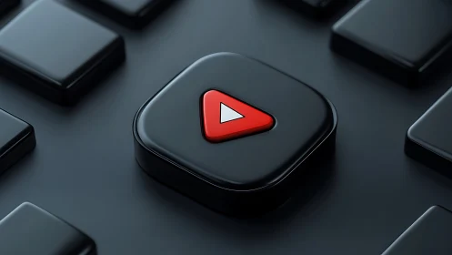 Red triangular play icon on raised black square button.