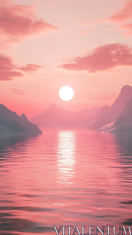 Sunset over glacial fjord rendered in monochrome pink palette