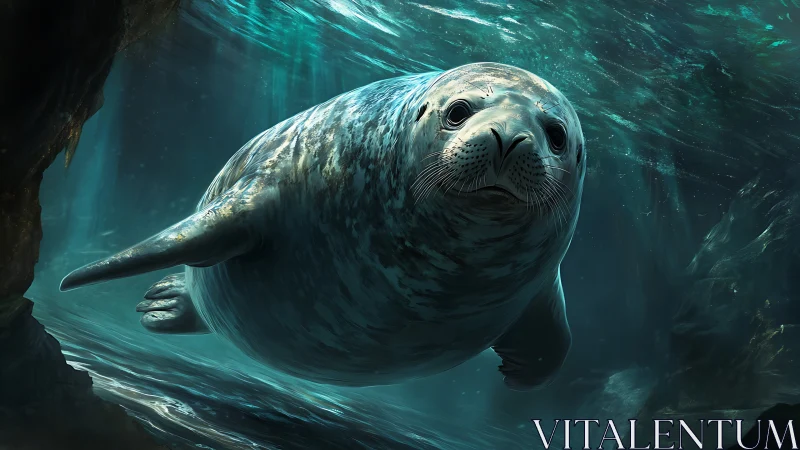 Seal swimming underwater in dim rocky marine environment.