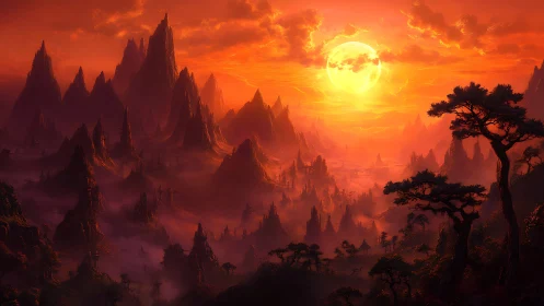 Fiery fantasy mountains under huge glowing sunset sun.