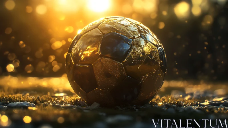 Golden soccer ball glows on wet grass in dramatic sunset light