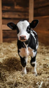 Holstein calf stands alert on fresh straw barn floor.