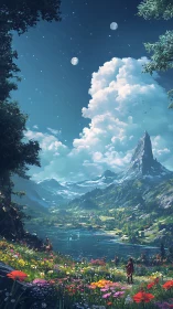 Fantasy alpine valley vista with dual moons and floralscape.