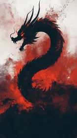 Fiery dragon silhouette curling through stormy scarlet mist.