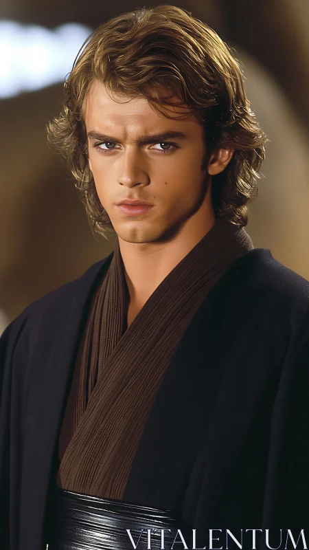 Brooding young warrior in dark sci fi robes portrait.