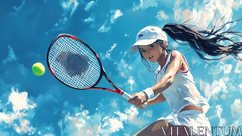 Young tennis player drives forehand under vivid blue sky