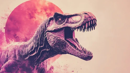 Roaring T Rex silhouette against vivid magenta sunburst.