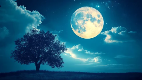 Enlarged luminous moon dominates stylized nocturnal landscape