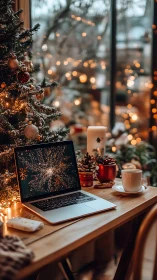 Cozy holiday desk with laptop, coffee, and lit tree.