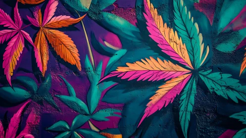Bold neon leaf mural on textured purple street wall.