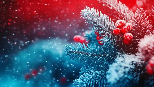 Snow-dusted evergreen boughs with vivid red winter berries.